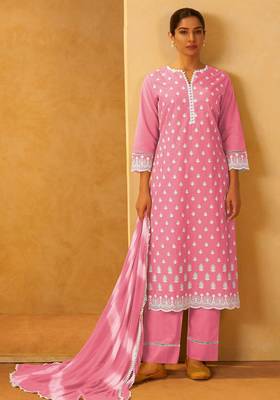 Pink pure cotton embroidered thread work ethnic kurta set with matching dupatta 2
