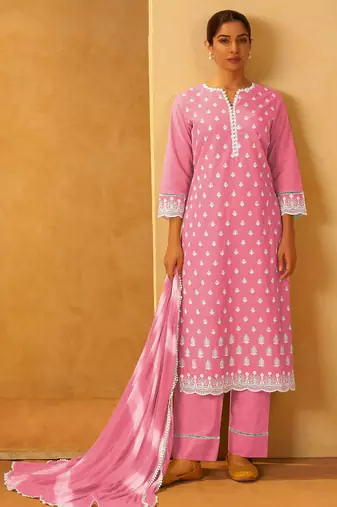Pink pure cotton embroidered thread work ethnic kurta set with matching dupatta