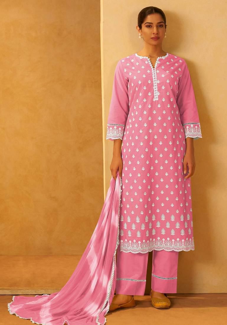 Pink pure cotton embroidered thread work ethnic kurta set with matching dupatta