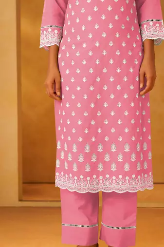 Pink pure cotton embroidered thread work ethnic kurta set with matching dupatta