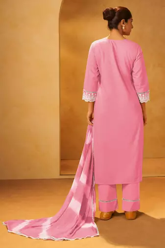 Pink pure cotton embroidered thread work ethnic kurta set with matching dupatta