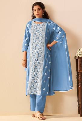 Sky blue pure cotton embroidered thread work ethnic kurta set with matching dupatta 1