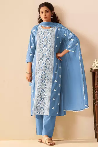Sky blue pure cotton embroidered thread work ethnic kurta set with matching dupatta