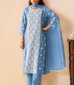 Sky blue pure cotton embroidered thread work ethnic kurta set with matching dupatta