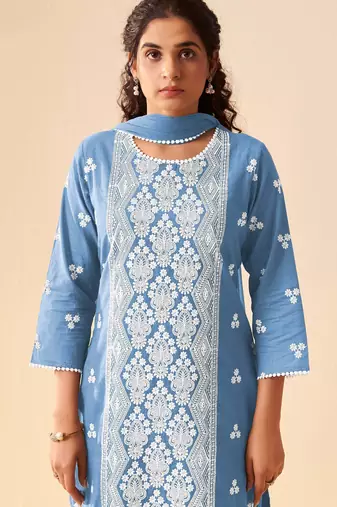 Sky blue pure cotton embroidered thread work ethnic kurta set with matching dupatta
