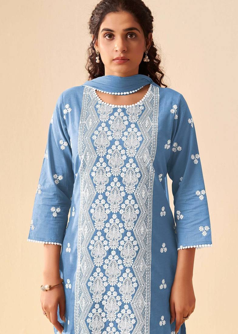 Sky blue pure cotton embroidered thread work ethnic kurta set with matching dupatta