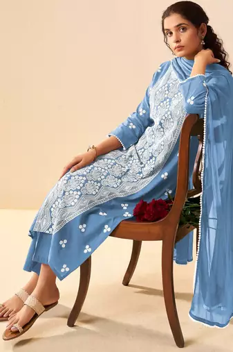 Sky blue pure cotton embroidered thread work ethnic kurta set with matching dupatta
