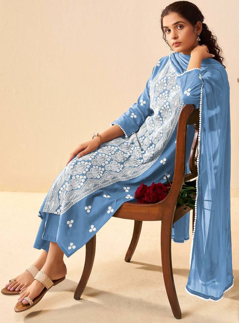 Sky blue pure cotton embroidered thread work ethnic kurta set with matching dupatta