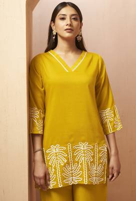 Mustard embroidered cotton blend co-ord set 4