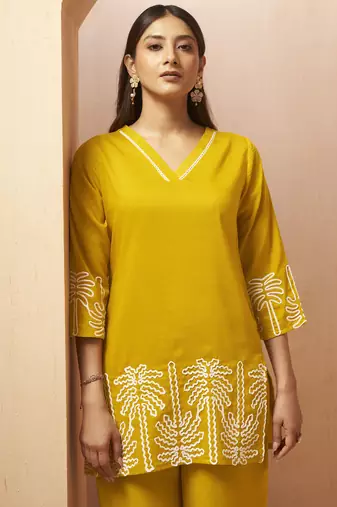 Mustard embroidered cotton blend co-ord set