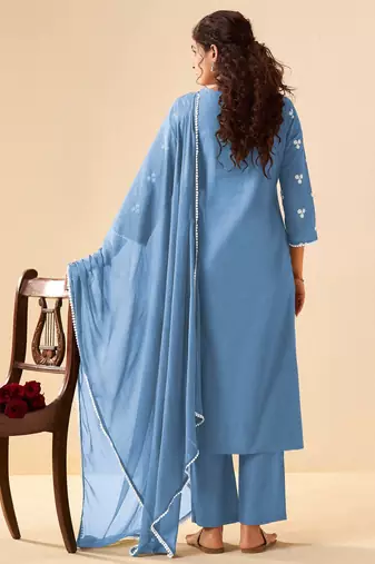 Sky blue pure cotton embroidered thread work ethnic kurta set with matching dupatta
