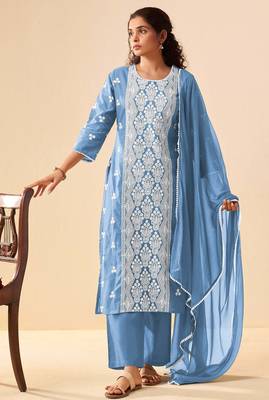 Sky blue pure cotton embroidered thread work ethnic kurta set with matching dupatta 5