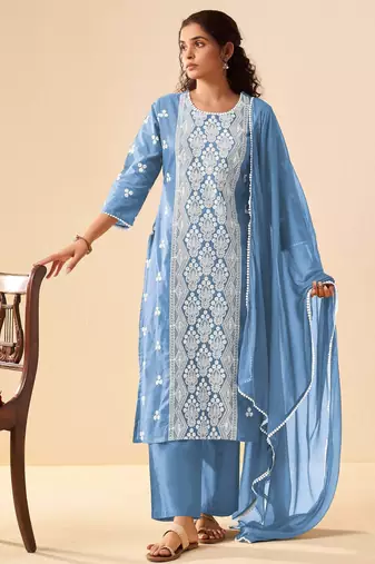 Sky blue pure cotton embroidered thread work ethnic kurta set with matching dupatta