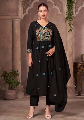 Black pure cotton embroidered thread work ethnic kurta set with matching dupatta 1