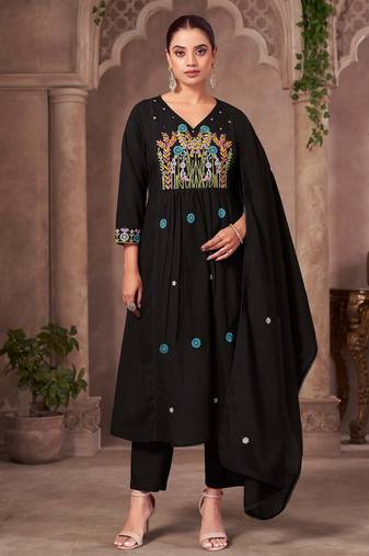 Black pure cotton embroidered thread work ethnic kurta set with matching dupatta