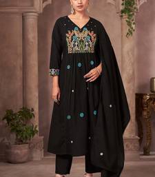 Black pure cotton embroidered thread work ethnic kurta set with matching dupatta