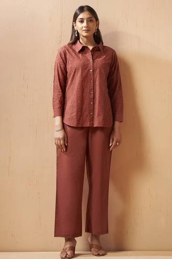 Rust embroidered cotton blend co-ord set