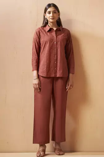 Rust embroidered cotton blend co-ord set