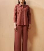 Rust embroidered cotton blend co-ord set