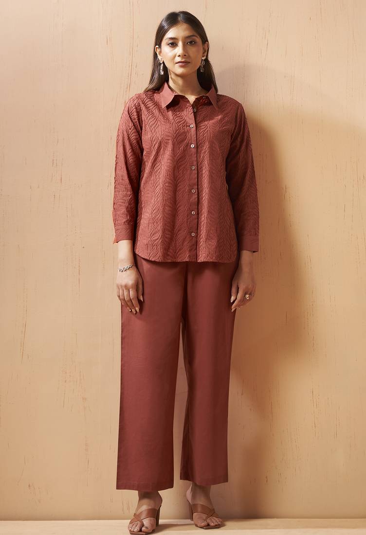 Rust embroidered cotton blend co-ord set
