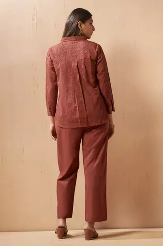 Rust embroidered cotton blend co-ord set