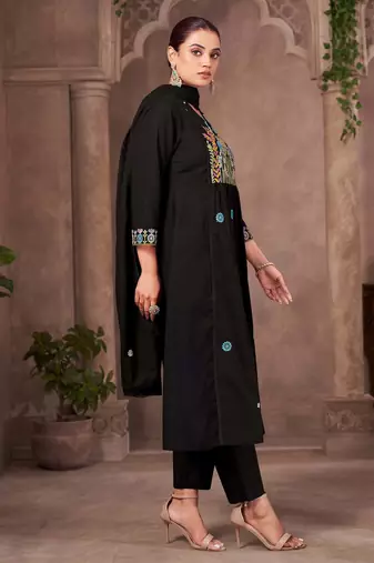 Black pure cotton embroidered thread work ethnic kurta set with matching dupatta