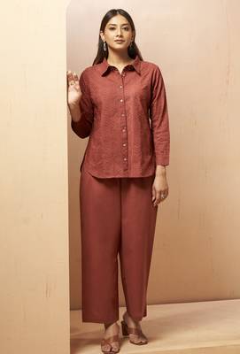 Rust embroidered cotton blend co-ord set 3