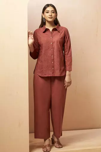 Rust embroidered cotton blend co-ord set
