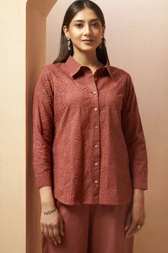 Rust embroidered cotton blend co-ord set