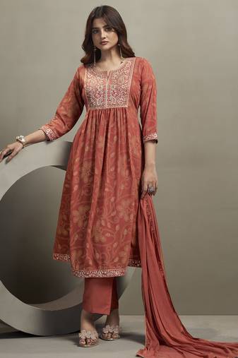 Orange georgette embroidered sequins work ethnic kurta set with matching dupatta