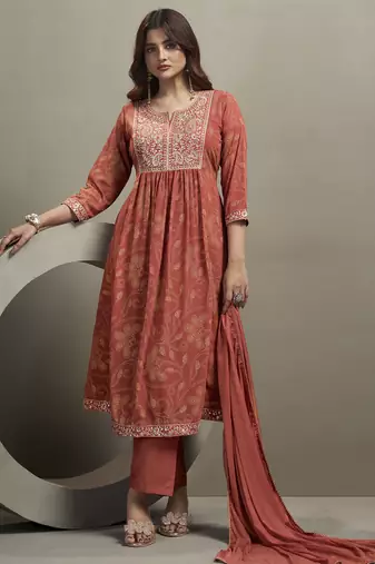 Orange georgette embroidered sequins work ethnic kurta set with matching dupatta