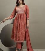 Orange georgette embroidered sequins work ethnic kurta set with matching dupatta