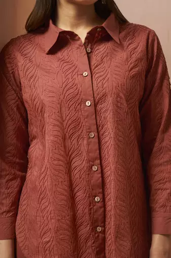 Rust embroidered cotton blend co-ord set