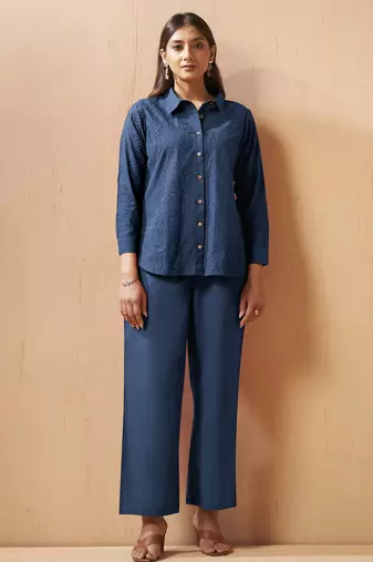 Navy blue embroidered cotton blend co-ord set