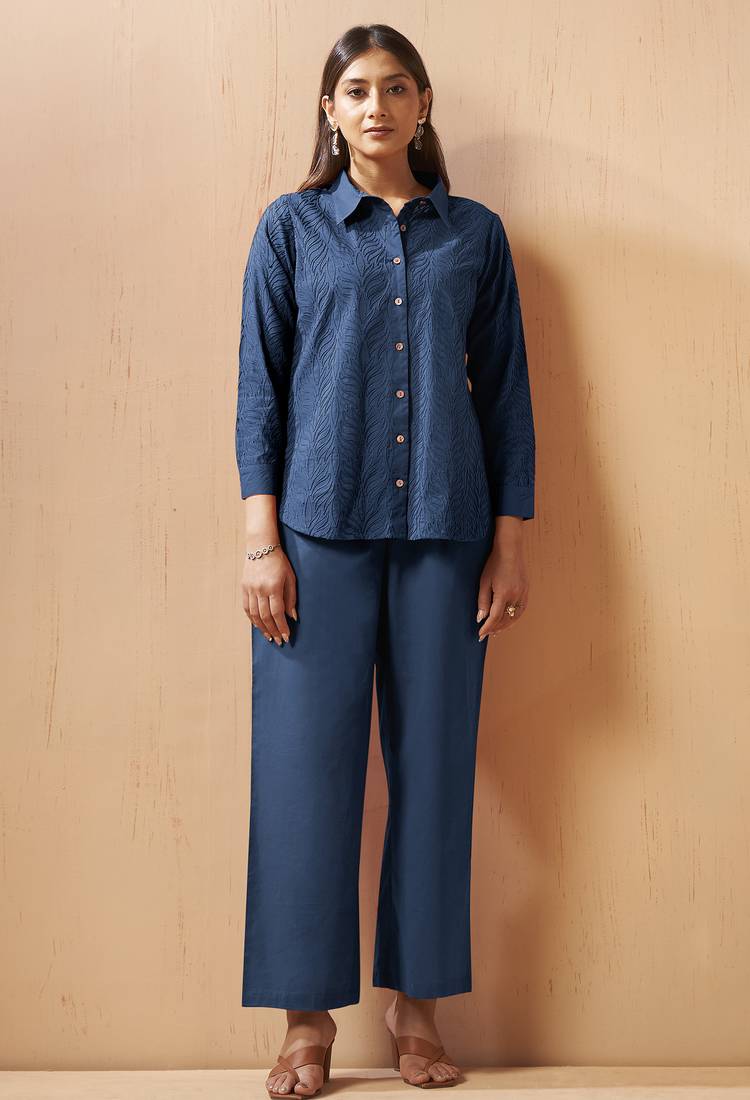 Navy blue embroidered cotton blend co-ord set