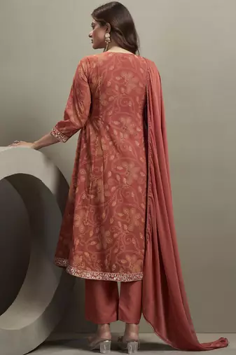 Orange georgette embroidered sequins work ethnic kurta set with matching dupatta