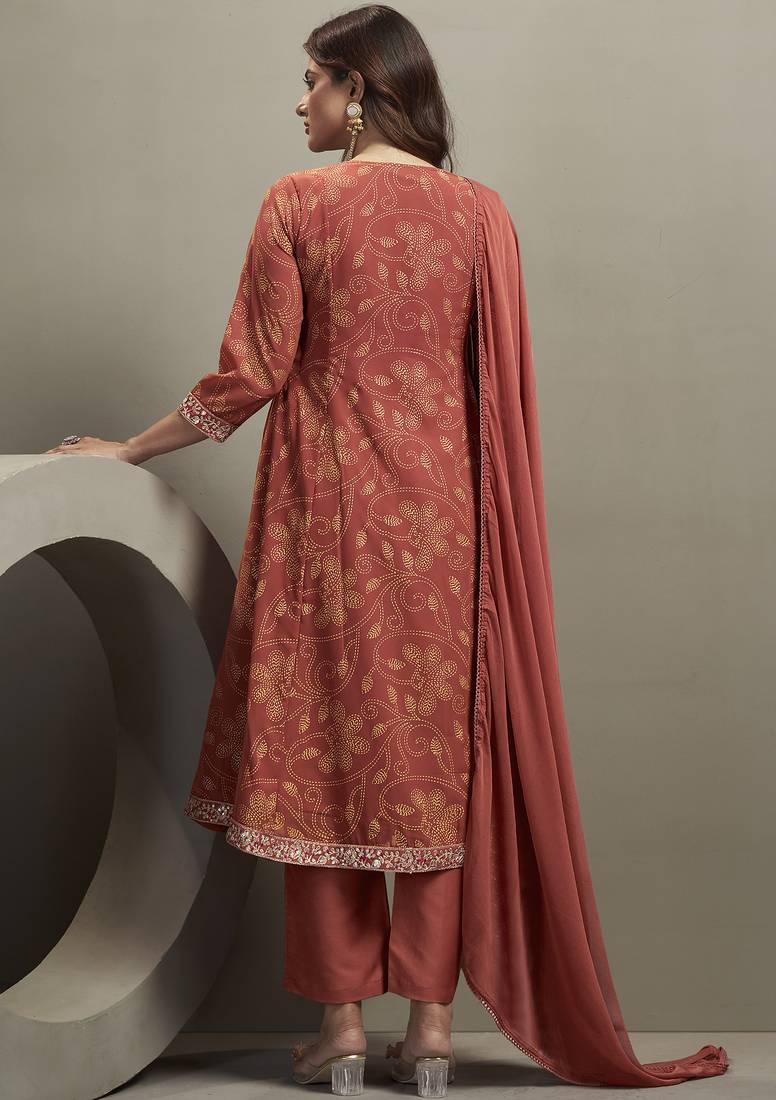 Orange georgette embroidered sequins work ethnic kurta set with matching dupatta