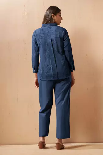 Navy blue embroidered cotton blend co-ord set