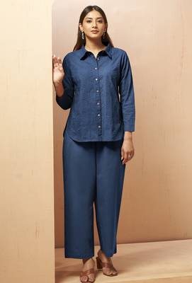 Navy blue embroidered cotton blend co-ord set 3