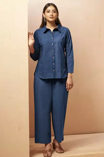 Navy blue embroidered cotton blend co-ord set