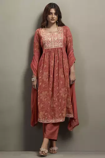Orange georgette embroidered sequins work ethnic kurta set with matching dupatta