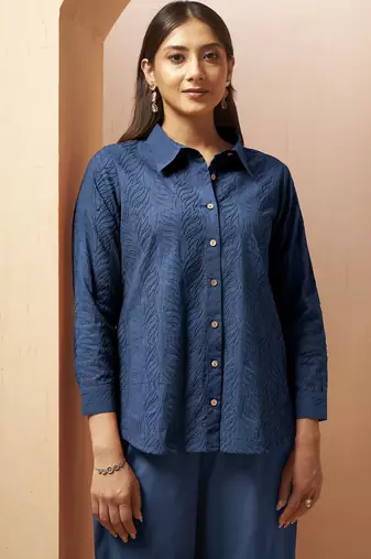 Navy blue embroidered cotton blend co-ord set