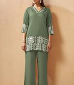 Green embroidered cotton blend co-ord set