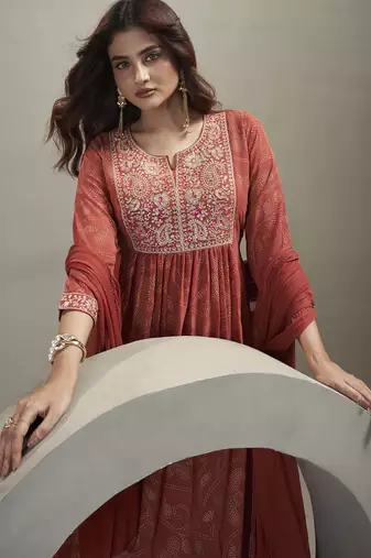 Orange georgette embroidered sequins work ethnic kurta set with matching dupatta