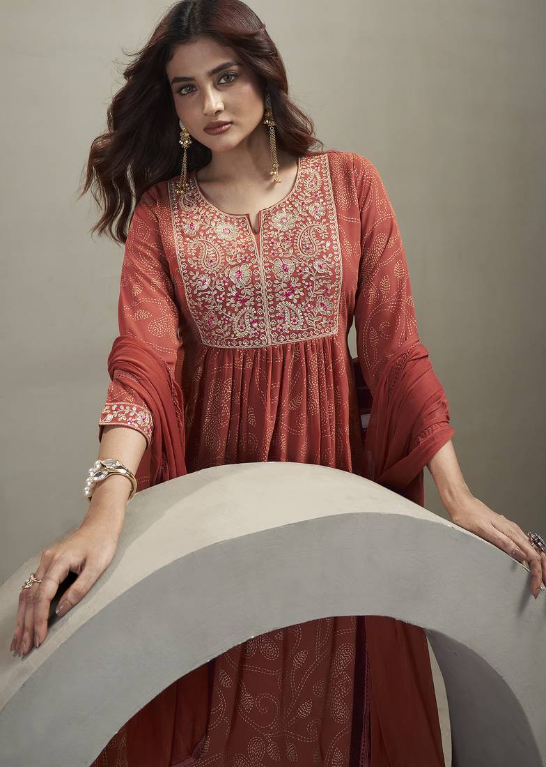 Orange georgette embroidered sequins work ethnic kurta set with matching dupatta