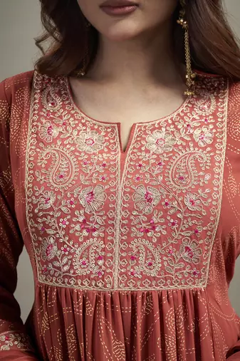 Orange georgette embroidered sequins work ethnic kurta set with matching dupatta