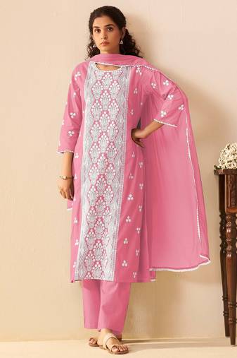 Pink pure cotton embroidered thread work ethnic kurta set with matching dupatta