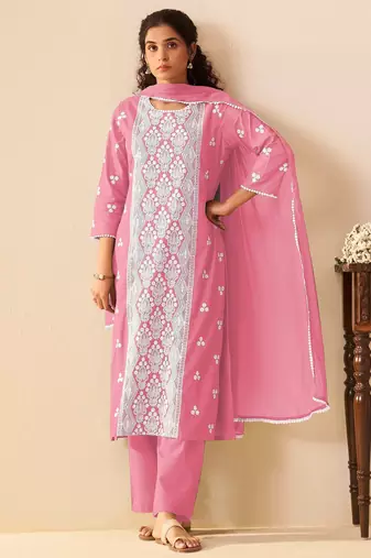 Pink pure cotton embroidered thread work ethnic kurta set with matching dupatta