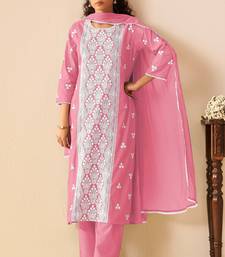 Pink pure cotton embroidered thread work ethnic kurta set with matching dupatta
