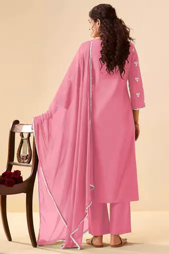 Pink pure cotton embroidered thread work ethnic kurta set with matching dupatta